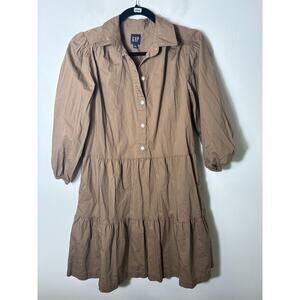 Gap Greenish Brown 3/4 Sleeve Button Up Tiered Knee Length Cotton Dress Sz S